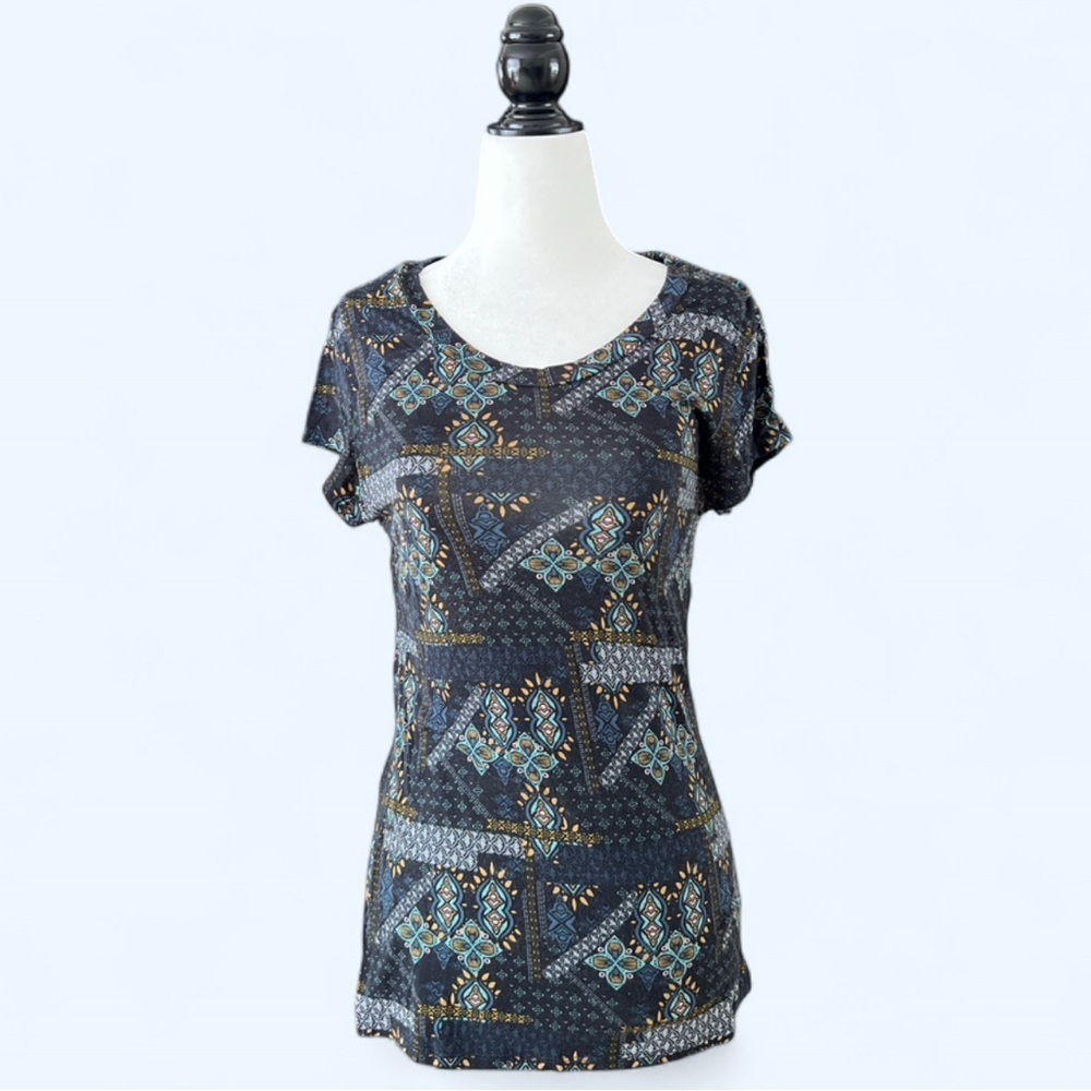 H&M Women’s Blue Green Graphic Aztec Boho Bohemian  Style Casual T-shirt Medium